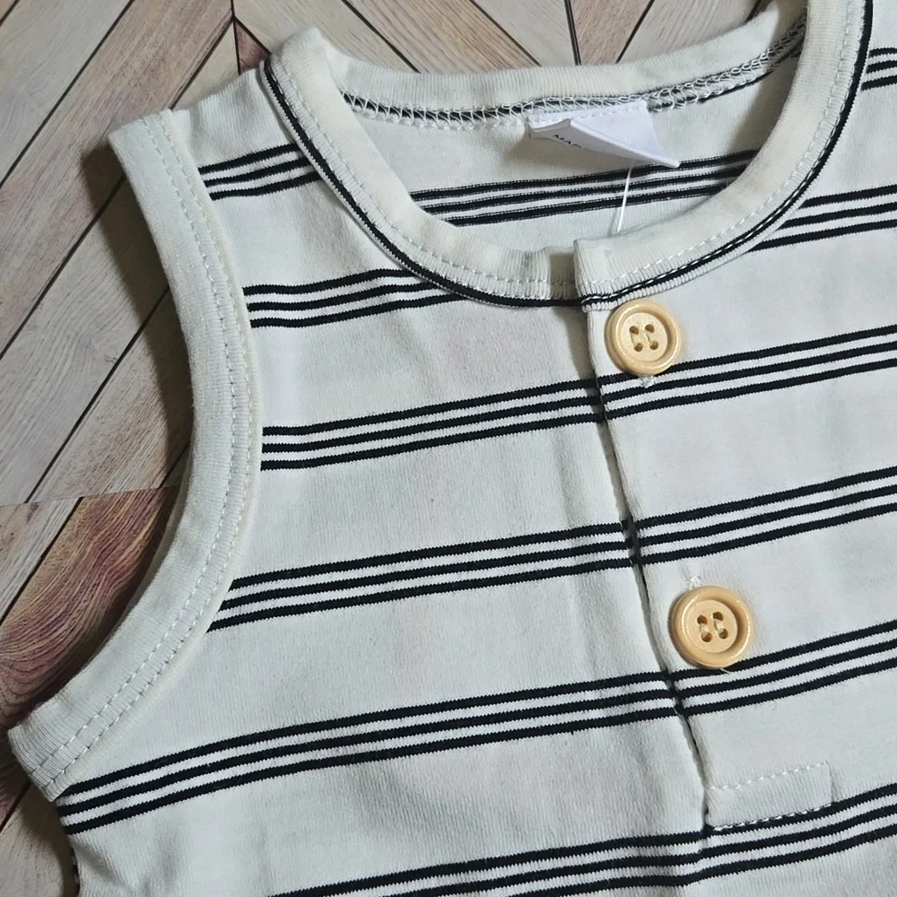 Baby Boy Black White Striped Romper Jumpsuit Short Sleeve Button-Up Outfit 0-3M